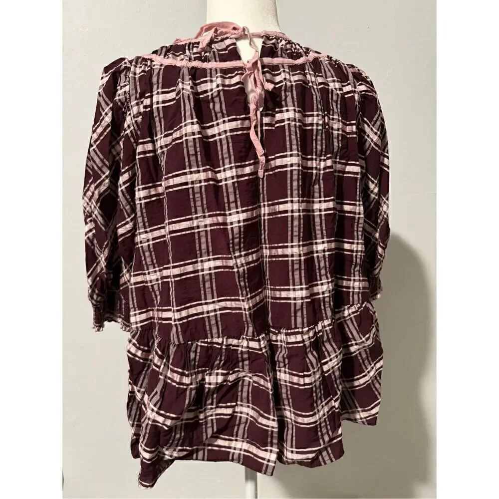 Find Me Now Anthropologie kady plaid puff sleeve blouse M